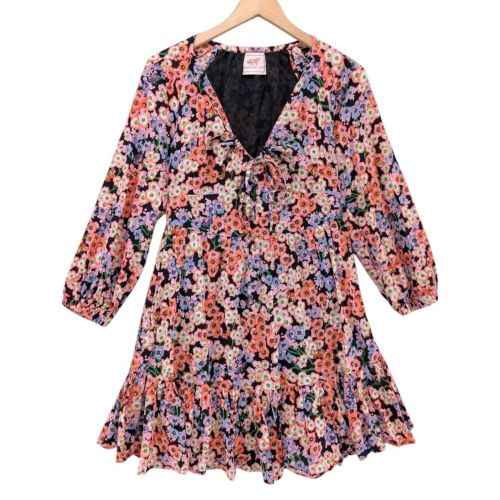 Banjanan Macaw Mini Dress Monarch Black Multicolor Floral Ruffle 3/4 Sleeve Sz 4